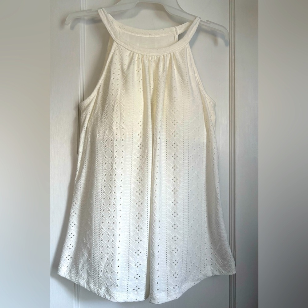 Women’s High Halter Neck Sleeveless Cami Tank White Eyelet Top, Sz: Medium